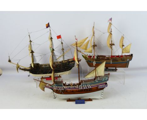 Airfix - Three constructed plastic model ship kits. Lot consists of Golden Hind (broken stand), HMS Bounty, and  Royal Sovere