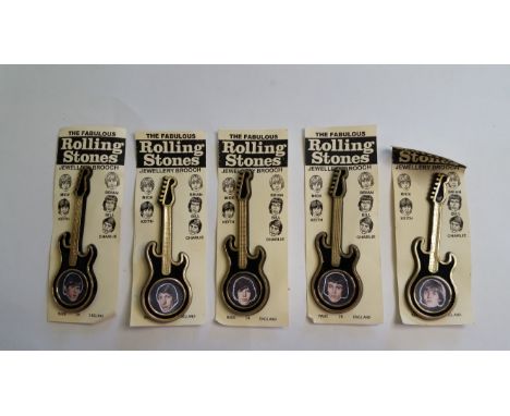 POP MUSIC, plastic guitar brooches, Rolling Stones, set of five (five portraits), colour images on black backgrounds, by Invi