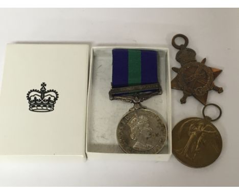 A GSM medal with Canal Zone bar awarded to AC2 HPSpendley 2587835 RAF with box and two first world war medals 1914 15 star aw