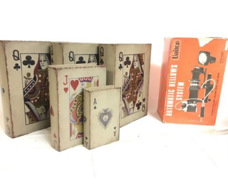 A collection of playing card style boxes and a vintage boxed Unitor Automatic Bellows System. This lot cannot be posted
