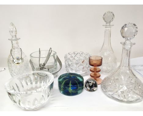 A collection of glasss including Orrefors Swedish glass a Madeira glass paperweight other paperweights decanters a modern des