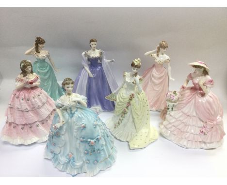 Seven ceramic figures of ladies comprising Coalport, Royal Doulton and Royal Worcester examples. Some with certificates. Ship