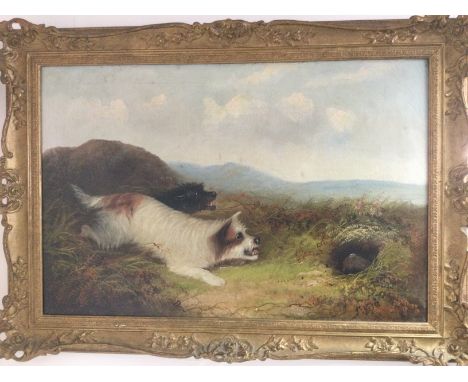 George Armfield 1808-1893. A gilt framed oil on canvas of hunting dogs, approx 90cm x 64cm. Shipping category C.