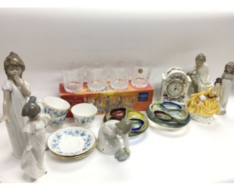 A collection of ceramics including Lladro and Nao figures, art glass ashtrays, boxed Cristal de France whiskey glasses, Colcl