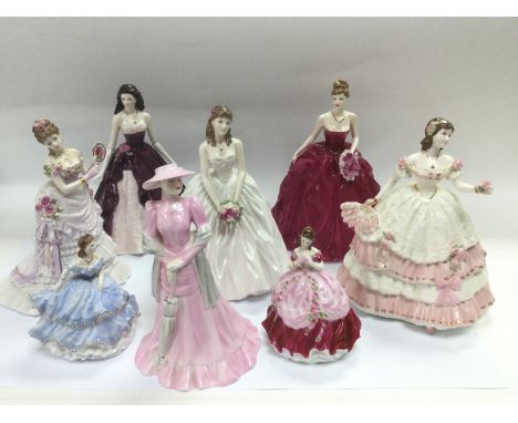 Eight ceramic figures of ladies comprising Royal Worcester and Coalport examples. Some with certificates. Shipping category D