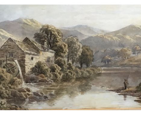 A framed 19th century watercolour study of a river with watermill and mountains beyond signed R Mann and dated 1860 and one o