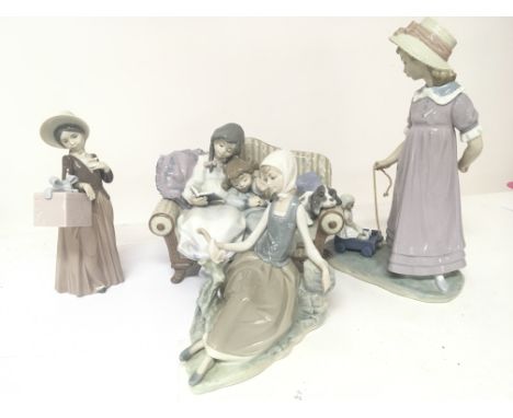 A Lladro figure group of children and a dog on a sofa and three other Lladro figures no obvious damage. (4)