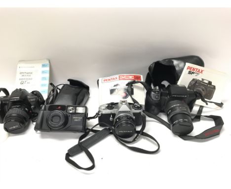 A collection of four cameras including Minolta and Pentax. Pentax sf7 Pentax Me super Dynax 303si.Postage C