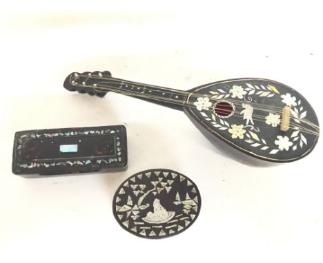 Miniature mandolin with music box, inlaid with mother o Pearl and small Georgian inlaid snuff box and a small inlaid mother o