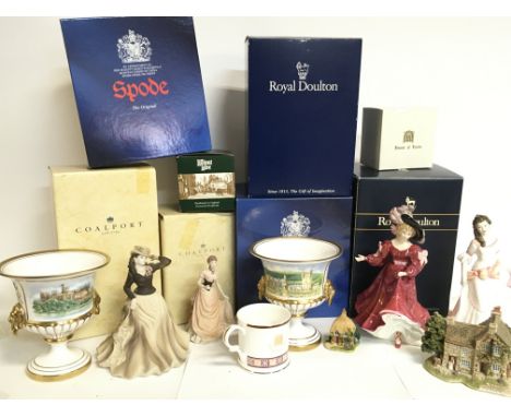 A collection of ceramics including porcelain figures by Coalport, Royal Doulton etc, Spode 2002 Golden Jubilee vases, Lillipu