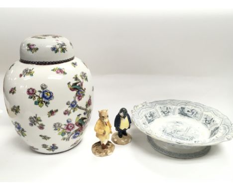 A collection of ceramics including a Limoge porcelain ginger jar, Royal Doulton Wind in the Willows Beswick figures, blue and