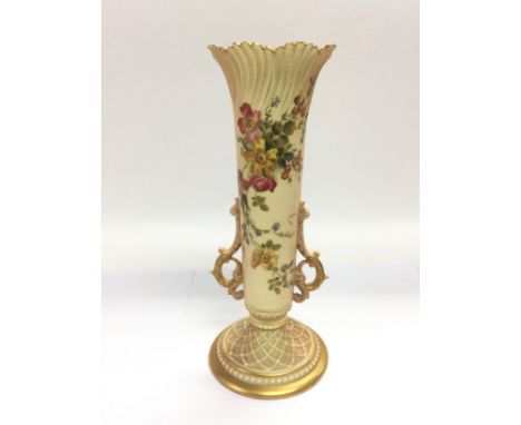 A Royal Worcester blush ivory vase with handpainted floral decoration, approx height 25cm. Shipping category D.