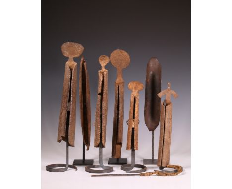 Mali, Bamana, five iron scapers, four mounted and herewith two iron idiophones Provenance: The private collection of Musical 
