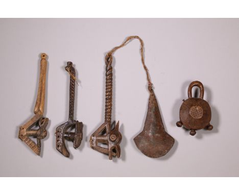 Ivory Coast, Baule, three mallets, all with stylized zoomorphic heads, one with gong; Herewith a Yombe bell, dibu. Provenance