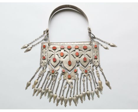 Turkmenistan, Ersari-Yomud, a head ornament, silver, ornaments on chain and cornelian. [1] w. 22,5 cm. (plate) 
