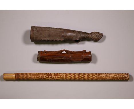 P.N.Guinea, Sepik, wooden horn topped by a cockatoo. Herewith a Massim finger drum and a Higland, bamboo flute. Provenance: T