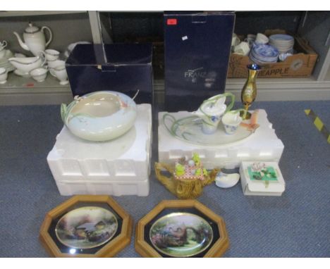 A mixed lot to include Franz porcelain Butterfly bowl, tray, coffee pot and pin dish, two framed Thomas Kinkade Scenes of Ser