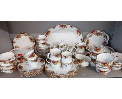 A quantity of Royal Albert Old Country Roses bone china tableware to include a teapot and two vegetable tureens with lidsLoca