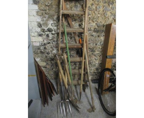 A selection of vintage garden tools, together with a step ladder, tools, and other itemsLocation: 