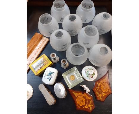 A mixed lot to include two trinket boxes A/F and glass oil lamp shades Location: BWR 