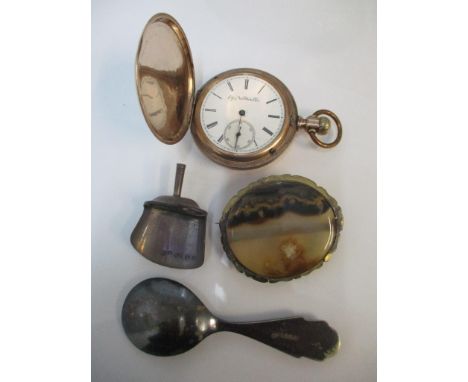 A small mixed lot to include a gold plated Elgin pocket watch, silver caddy spoon, brooch and silver plated spoonLocation: 