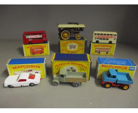 Six boxed Lesney Matchbox die cast model vehicles to include Mint and Boxed No. Y/6 Osram lamps, No.8 Ford Mustang and No.49 