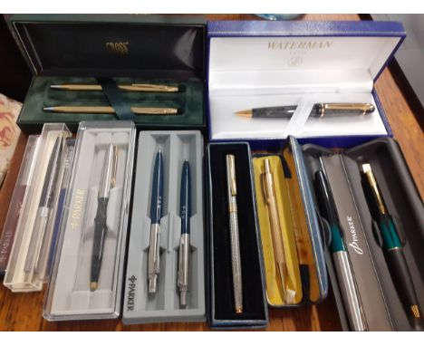 A collection of pens and pencils to include Parker ball points, yard-o-led, a Parker Frontier set, a Cross gold coloured pen 