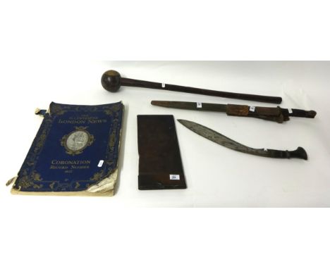 A tribal knob kerry, Khukri knife, Great War copper document box and bayonet stamped 'US 1917' with scabbard