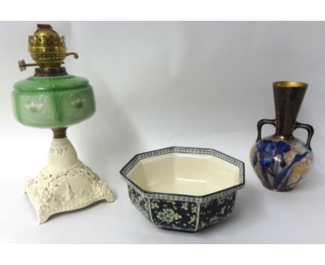 Various items including Victorian oil lamp, 19th century loving cup dated 1877 to Florence Preston, Burslem, Doulton twin han