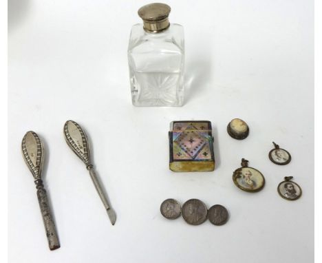 A silver mounted and glass scent bottle, mother of pearl vesta, miniature portrait buttons , silver hooks