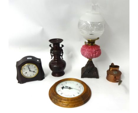 Victorian oil lamp, tidal clock, bakelite clock, oriental vase etc