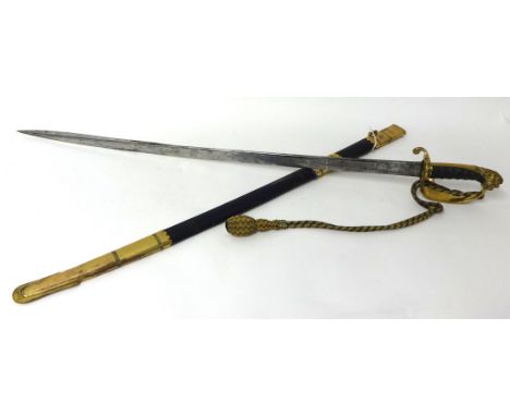 Victorian Naval Officers dress sword and scabbard, with brass mounts, etched fullered blade 91cm long