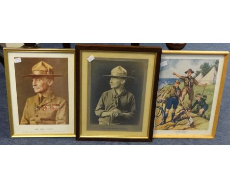 Framed Boy Scout print 'The Brotherhood' Rover & Wolf Cubs with tents and bicycles, a framed photo B-P in early Scout Uniform