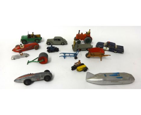 Early Dinky Toys including tractor, wheelbarrow, cars, Bev Truck, motor cycle and side cars etc (14)