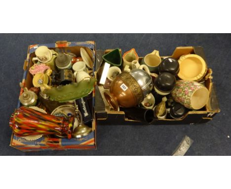 A large collection in four boxes, deco mirror, fire screen, pub jugs, china wares, spillers flower men, collectors plates etc