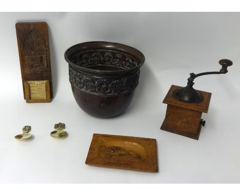 A collection of various items to include coffee mill, copper jardinière, two carved wood plaque, tallest 18cm and two caddy s