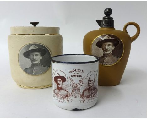 Three Baden-Powell items including B-P oil jar with silver neck and oval portrait, a B-P pottery biscuit barrel with metallic