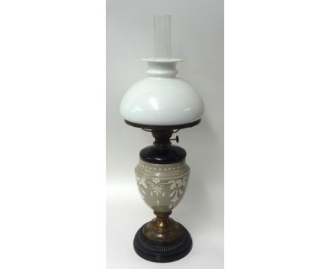 Victorian opaline glass and enamelled oil lamp with milk glass shade, 61cm