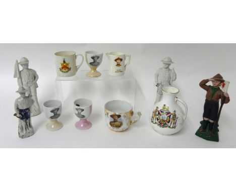 Eleven items including three B-P egg cups, bisque Boy Scout figures, miniature Col B-P jug and Foley Boer War jug (11)