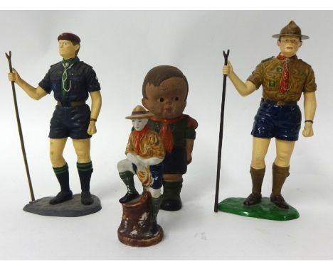 Four figures, two Airfix plastic Boy Scouts, bisque painted Scout holding coil of rope and rubber Scout doll (4)