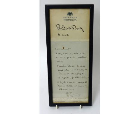 Picture frame B-P, including South African Constabulary headed notepaper with crest and original signature 'R.S.S. Baden Powe