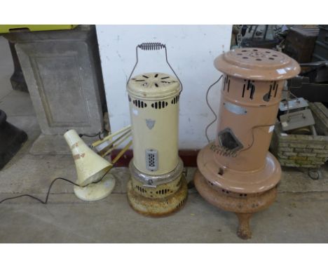 Two vintage heaters and an anglepoise lamp 