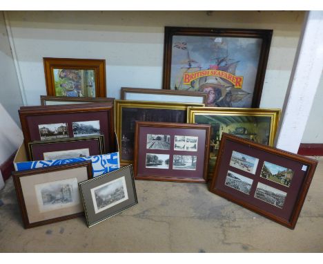 Assorted prints, watercolours, framed vintage postcards, etc. 