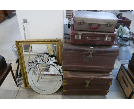 Three tin trunks, another trunk, cases, a mirror, etc. 
