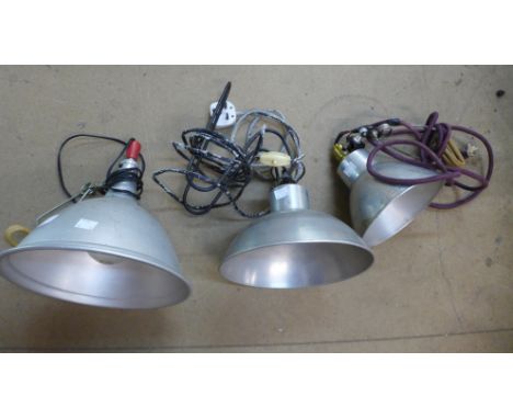 Three vintage brushed steel Victor and Photax hanging lights 