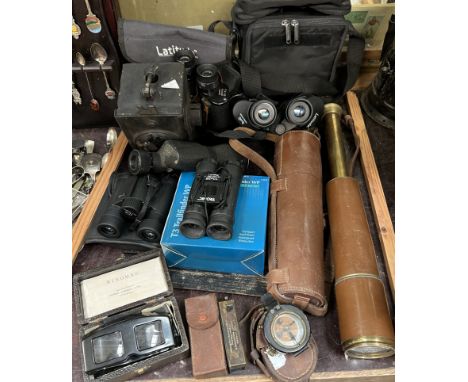 A brass and leather covered three drawer telescope together with binoculars, Binomag, The Hymans Pocket Rangefinder, compass 