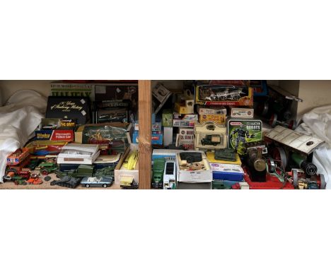 Mamod steam engines together with a balance beam engine, Dinky Cinderella's coach, Airfix models, other Dinky and Corgi cars,