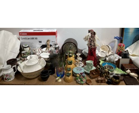 An oak cased mantle clock together with a cranberry glass jug, part tea sets, ConoScan, pineapple cruet, pewter etc 