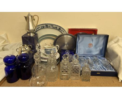 A set of four Thomas Webb crystal glasses, boxed together with a Royal Doulton crystal decanter, other glass decanters, Selan