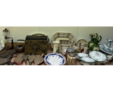 A jug and basin set together with part dinner sets, jugs, copper, brass etc